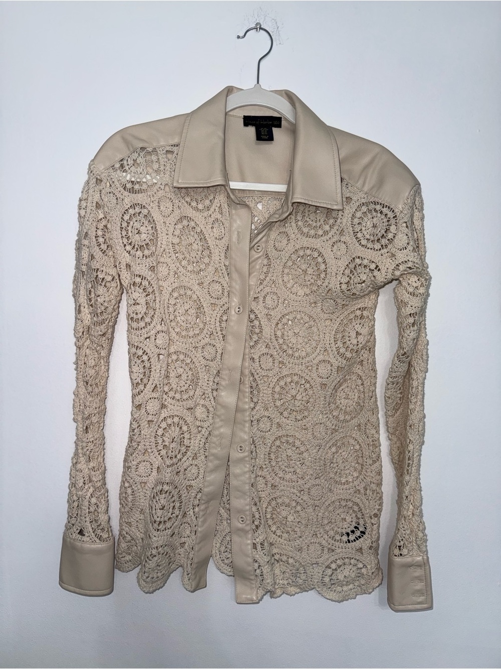 House of Harlow 1960 Cream Faux Leather Crochet-Trim Jacket